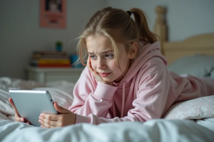 Adolescente allongée sur son lit cherchant un compte Instagram dont le pseudo a changé sur une tablette