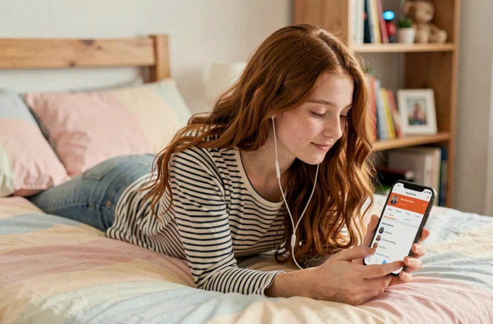 Adolescente regardant la TNT gratuitement sur smartphone dans sa chambre avec des écouteurs
