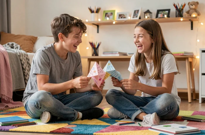 Deux adolescents échangeant des cocottes en papier avec des messages écrits à la main dans une chambre colorée
