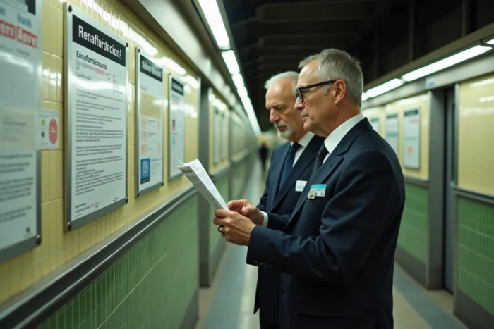Agent RATP et délégué syndical consultant un panneau d'affichage institutionnel dans un couloir de métro