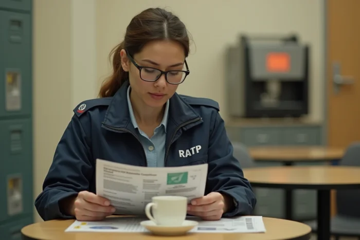 Agente RATP lisant un document informatif sur les avantages du CSE RDS dans une salle de pause