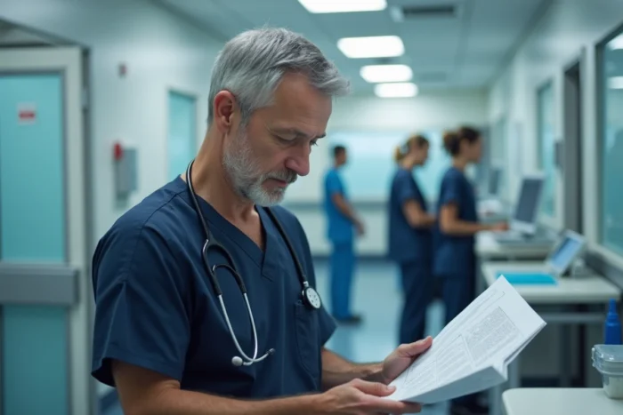 Aide-soignant masculin consultant un protocole de soins au poste infirmier d'un hôpital