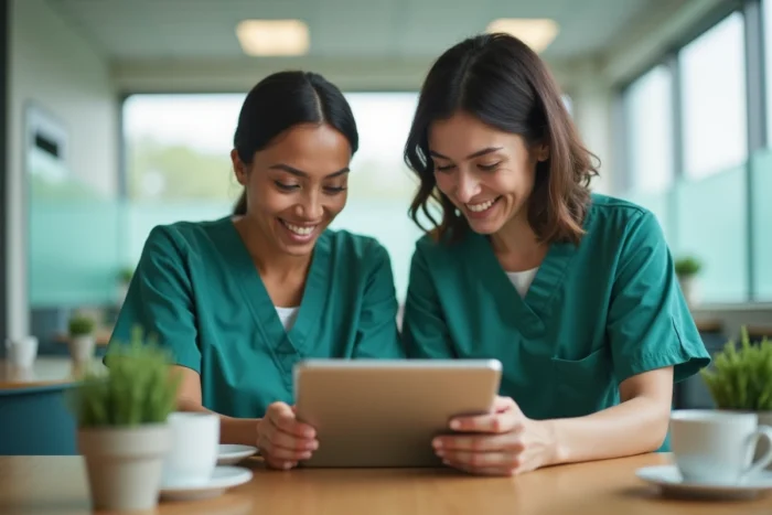 Deux aides-soignantes collaborant sur une tablette numérique pour planifier des actes de soins en 2026