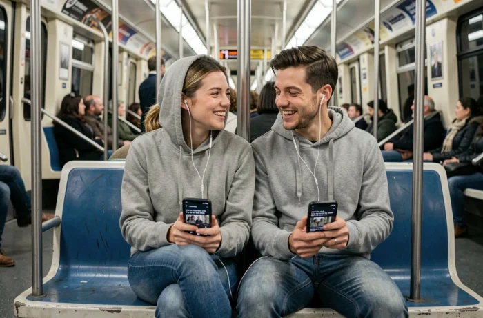 Deux amis regardant du contenu en streaming sur leurs smartphones dans le métro parisien