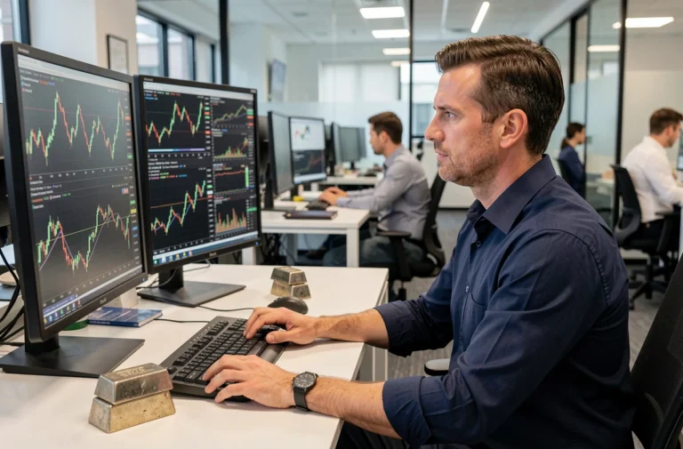 Analyste financier observant les courbes du cours de l'étain en euros sur des écrans de trading dans une salle des marchés moderne