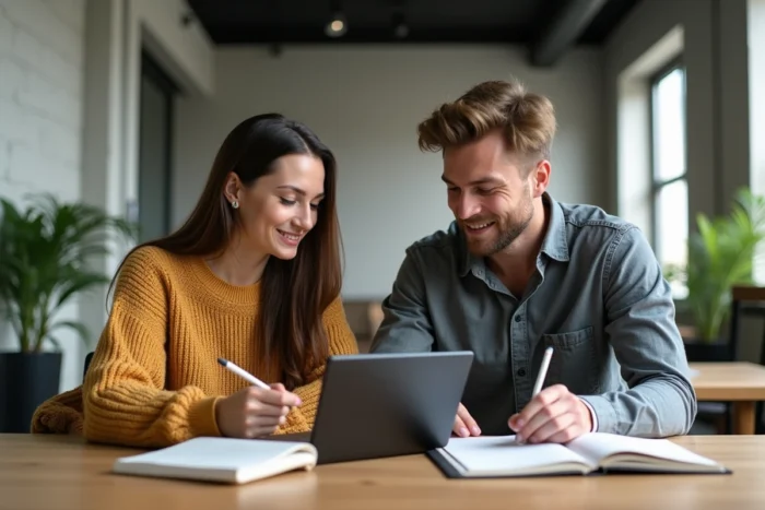 Deux adultes en session d'apprentissage collaborative dans un espace de coworking moderne, symbolisant le développement des compétences professionnelles
