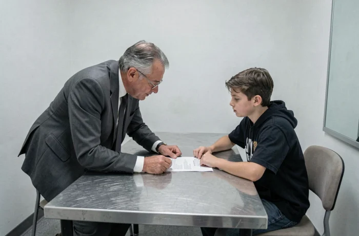 Avocat conseillant un adolescent mineur avant un interrogatoire dans une salle d'audition de police