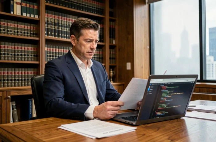 Avocat en droit numérique examinant des documents légaux liés à la responsabilité des hébergeurs web sur son bureau