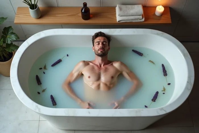 Homme se relaxant dans un bain aux herbes aromatiques et pétales de lavande dans une salle de bain style spa en travertin