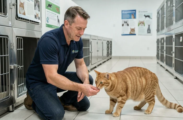 Bénévole en refuge animalier approchant doucement un chat adulte roux dans un couloir de chenil, conseil pour adopter un chat