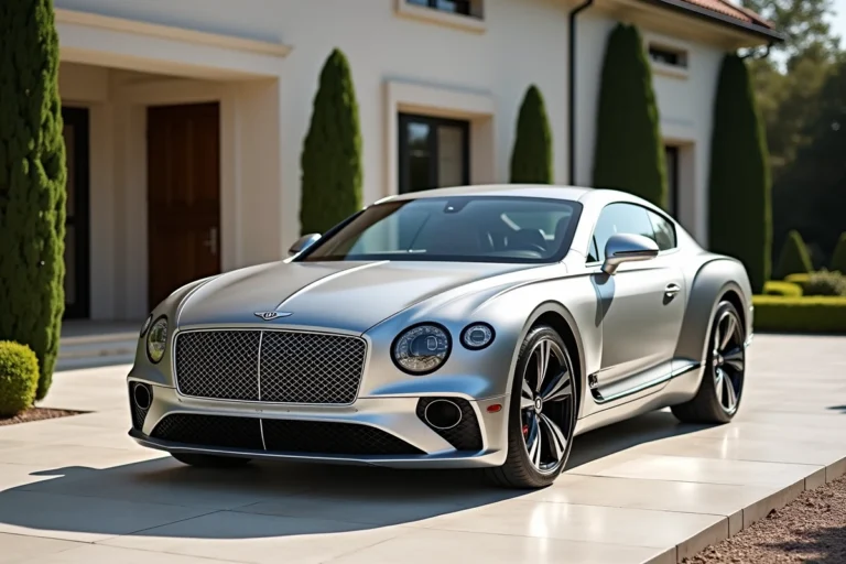 Bentley Continental GT argentée garée devant une villa moderne, voiture de luxe à 300 000 euros
