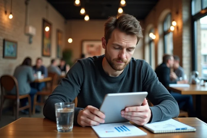 Blogueur analysant les statistiques de son blog sur une tablette dans un café moderne pour optimiser sa stratégie de monétisation