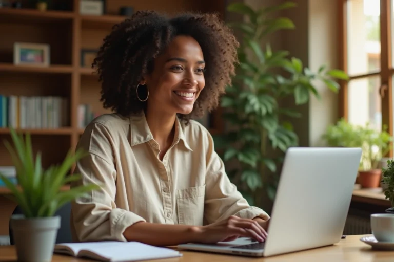 Blogueuse travaillant sur son ordinateur portable dans un bureau à domicile chaleureux pour monétiser son blog en 2024