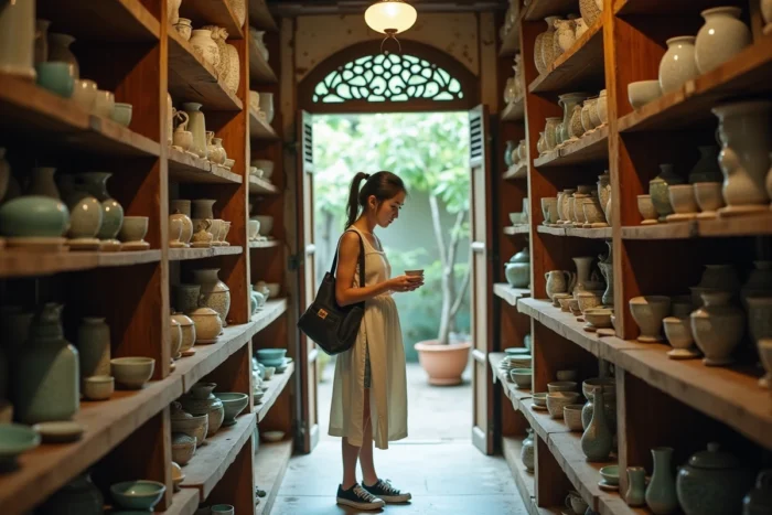 Jeune femme explorant une boutique d'antiquités en céramique cachée dans un immeuble Qilou restauré à Guangzhou