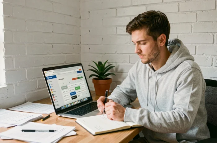 Jeune homme calculant sa capacité d'emprunt immobilier sur un ordinateur portable à son bureau