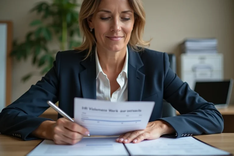 Femme RH calculant un délai de prévenance sur un contrat de travail et un calendrier imprimé