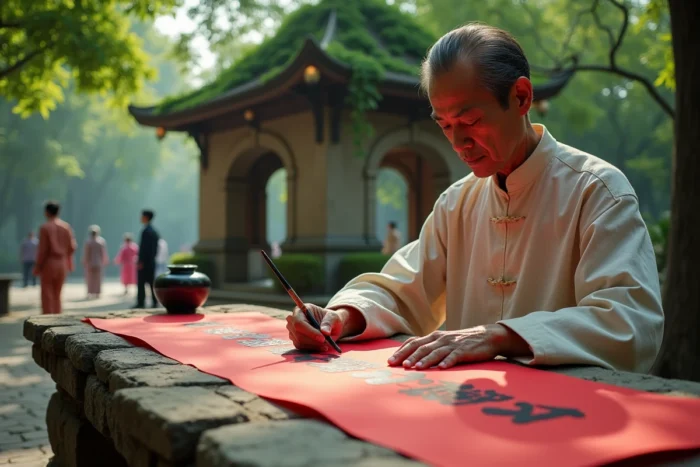 Calligraphe cantonais pratiquant son art dans un parc public ombragé de Guangzhou entouré de badauds