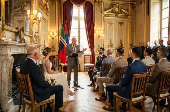 Cérémonie de mariage civil présidée par un maire dans une salle des mariages de mairie française