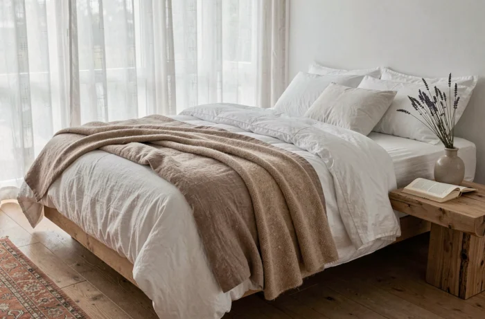Chambre cocooning avec literie en coton bio, plaid en mohair et décoration naturelle en bois brut pour une atmosphère sereine et reposante