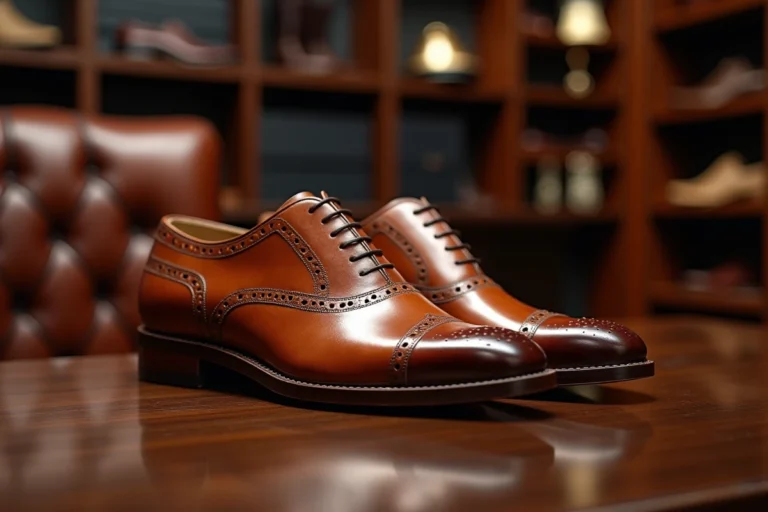 Chaussures Oxford en cuir cognac de qualité artisanale posées sur une surface en noyer dans une boutique de luxe pour homme