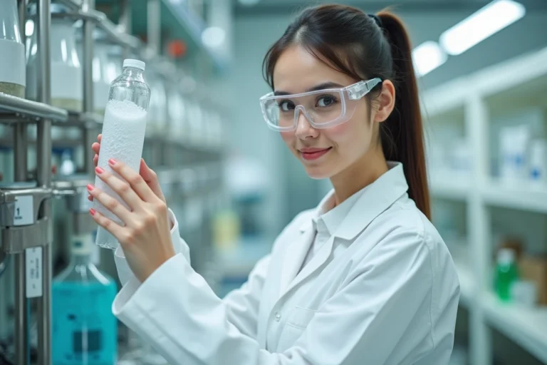 Chercheuse en biotechnologie manipulant des fragments de plastique recyclé dans un laboratoire spécialisé dans le recyclage enzymatique, évoquant les innovations de Carbios