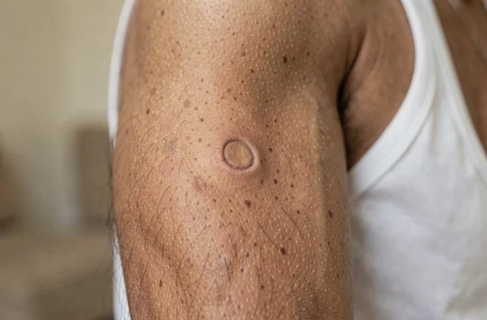 Gros plan d'une cicatrice de vaccin BCG sur le bras d'un homme adulte montrant la marque ronde caractéristique