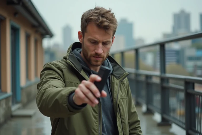 Homme tenant une cigarette électronique robuste et résistante en extérieur urbain