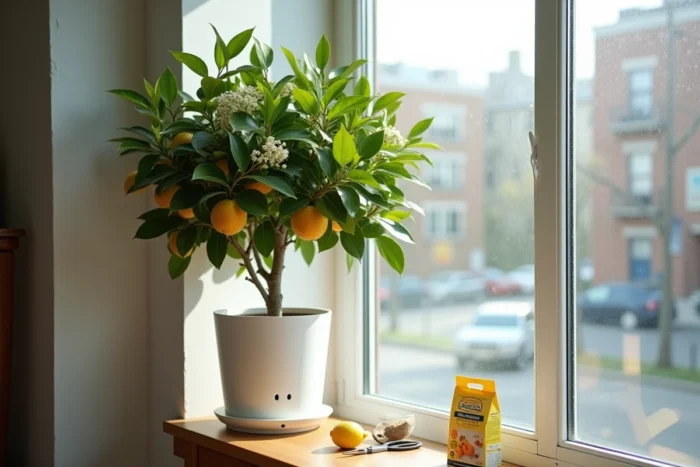 Citronnier en pot décoratif avec accessoires d'entretien près d'une fenêtre d'appartement