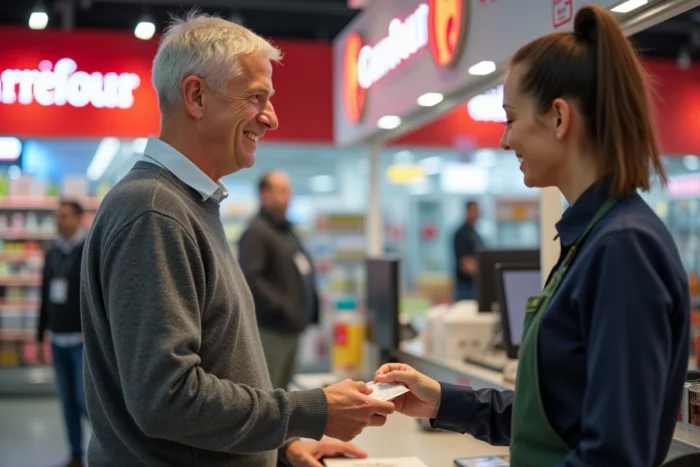 Client remettant un chèque Carrefour à un employé au service client du supermarché