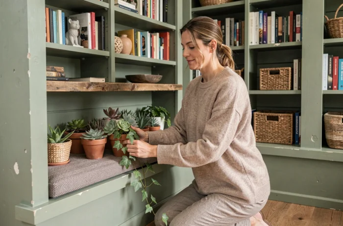 Femme aménageant un coin lecture avec plantes vertes et étagères en bois dans une alcôve habillée de vert sauge pour créer un intérieur douillet