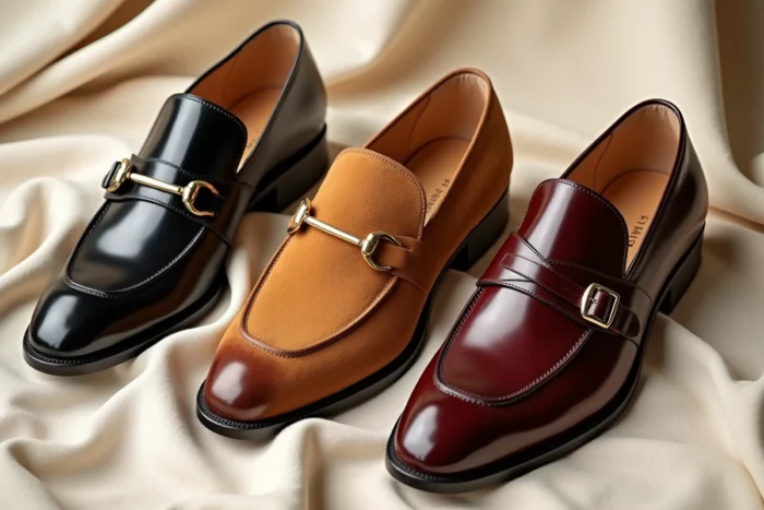 Mise à plat de trois paires de chaussures de luxe pour homme sur lin naturel incluant derby verni loafer suède et monk-strap bordeaux