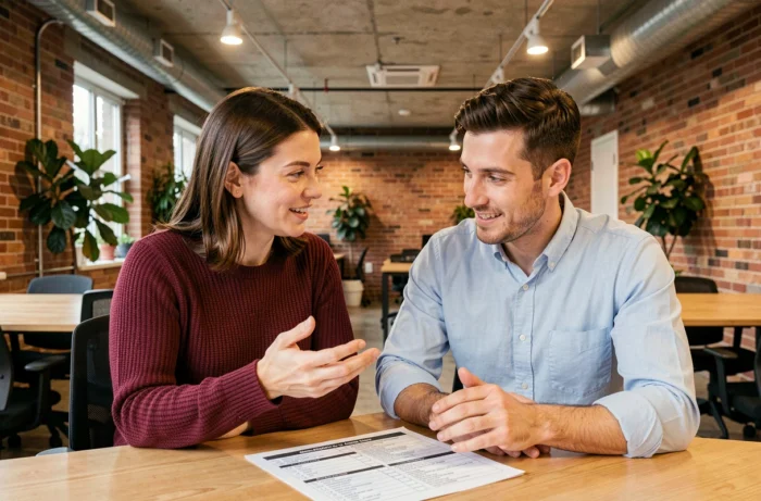 Deux collègues consultant une checklist des mentions légales pour un site d'informations en ligne dans un espace de coworking moderne