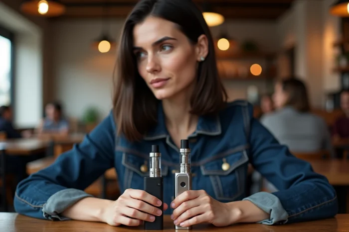 Femme comparant deux cigarettes électroniques dont une version renforcée dans un café