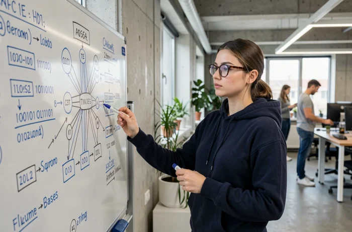 Une jeune femme explique des concepts clés de l'informatique devant un tableau blanc couvert d'algorithmes et de diagrammes de réseau dans un espace de travail moderne