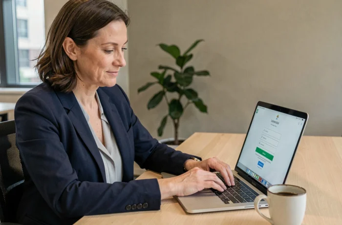 Femme professionnelle se connectant à son compte en ligne sur un ordinateur portable dans un bureau moderne