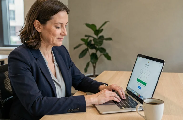 Femme professionnelle se connectant à son compte en ligne sur un ordinateur portable dans un bureau moderne