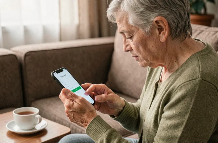Personne âgée utilisant un smartphone pour se connecter à son compte en ligne depuis son salon