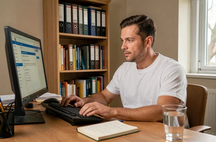 Homme se connectant à un espace personnel sécurisé sur un ordinateur de bureau à domicile