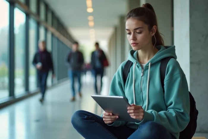 Étudiante ou personnelle académique se connectant au webmail Nancy Metz sur tablette dans un couloir universitaire