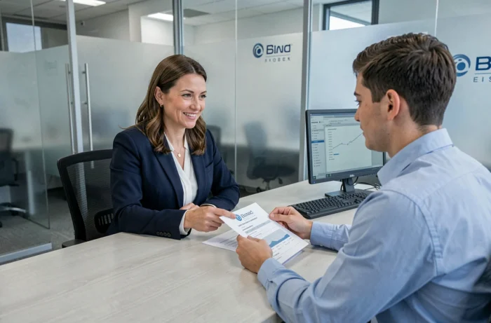 Conseillère bancaire présentant une simulation de prêt immobilier à un client dans une agence moderne