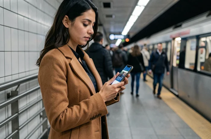 Jeune professionnelle consultant un site d'actualités business sur smartphone dans une station de métro pendant son trajet