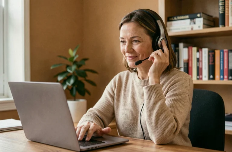 Femme en téléconsultation santé et bien-être au bureau à domicile avec casque et ordinateur portable
