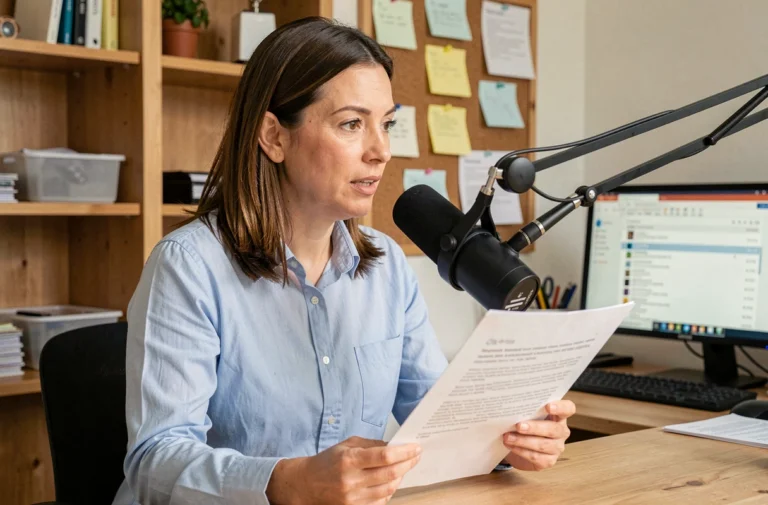 Femme en chemise bleue parlant dans un microphone professionnel tout en tenant un communiqué de presse dans un bureau à domicile