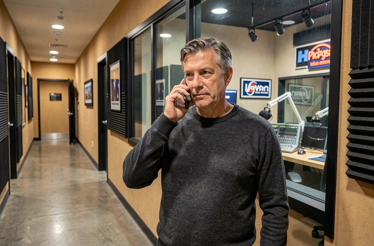 Homme en pull gris téléphonant dans le couloir d'une station de radio avec studio de diffusion visible en arrière-plan