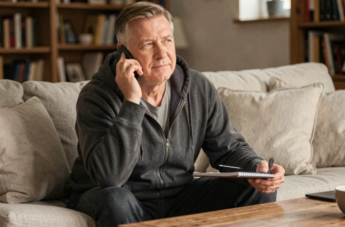 Homme prenant contact par téléphone avec une équipe de santé et bien-être depuis son domicile