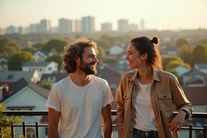 Couple souriant sur un balcon urbain ensoleillé, moment de complicité illustrant la vie privée de Caroline Munoz et son compagnon