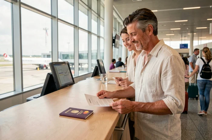 Couple utilisant la carte Gold Mastercard Crédit Agricole à l'aéroport pour préparer leur voyage
