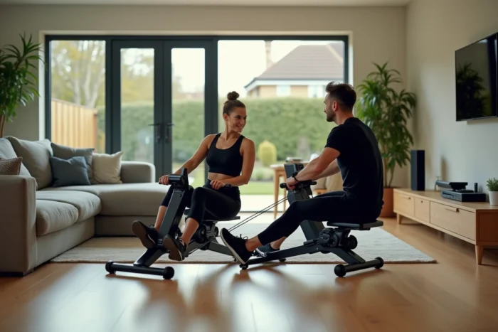 Couple comparant deux modèles de rameurs Marcy dans un espace de sport à domicile