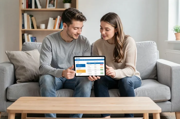 Couple comparant des offres de mutuelle santé sur une tablette dans leur salon, interface de comparateur visible à l'écran