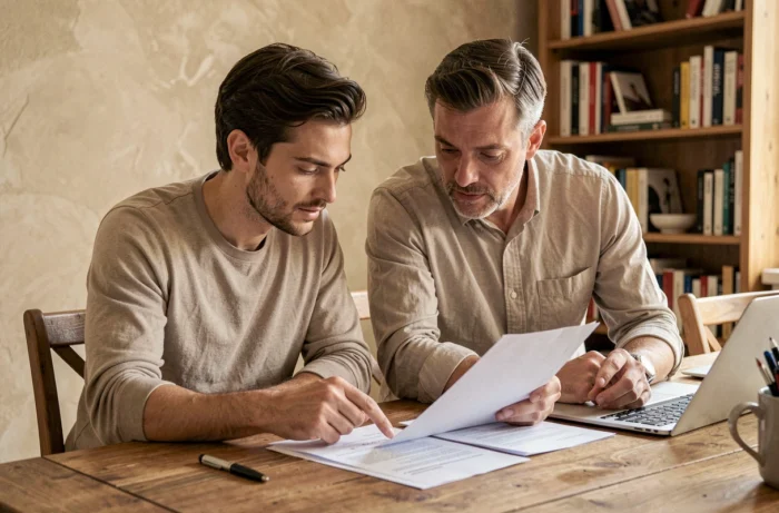 Couple examinant des documents de crédit immobilier à une table en bois dans un appartement moderne